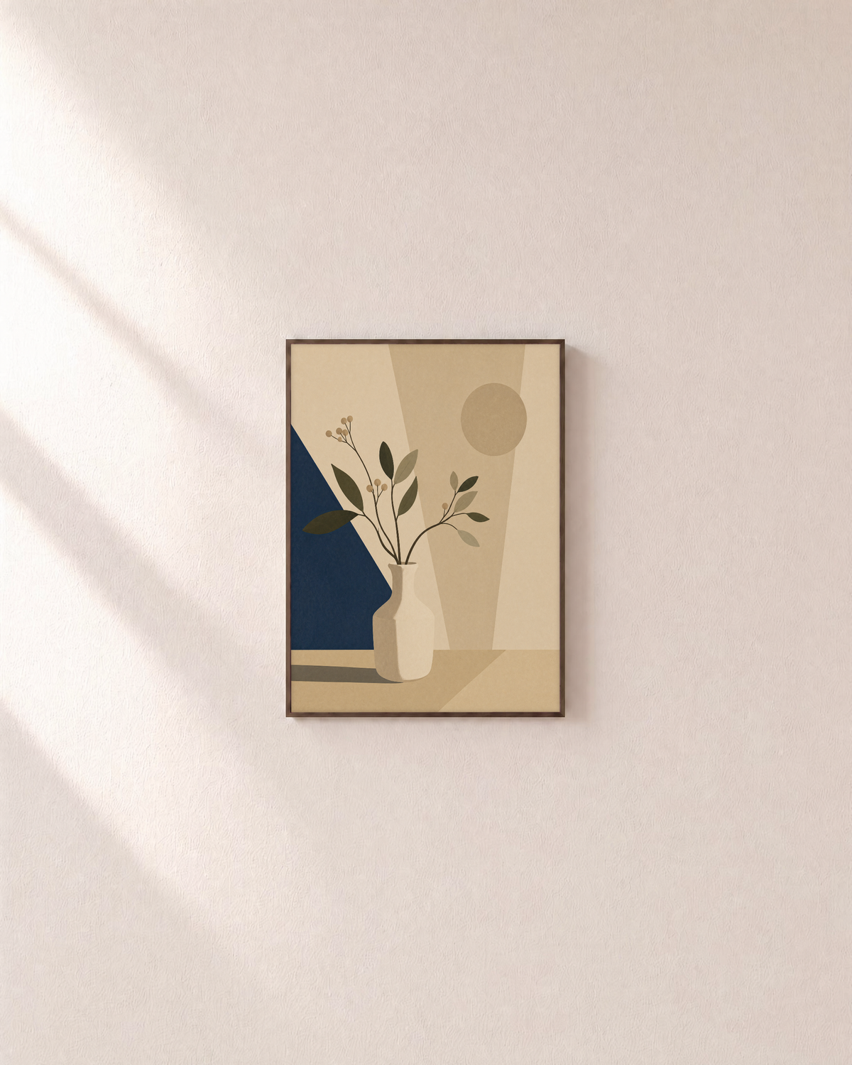 Shadow Wedge navy plane vase wall art: unframed print is shown framed for styling on a plain wall; frame not included