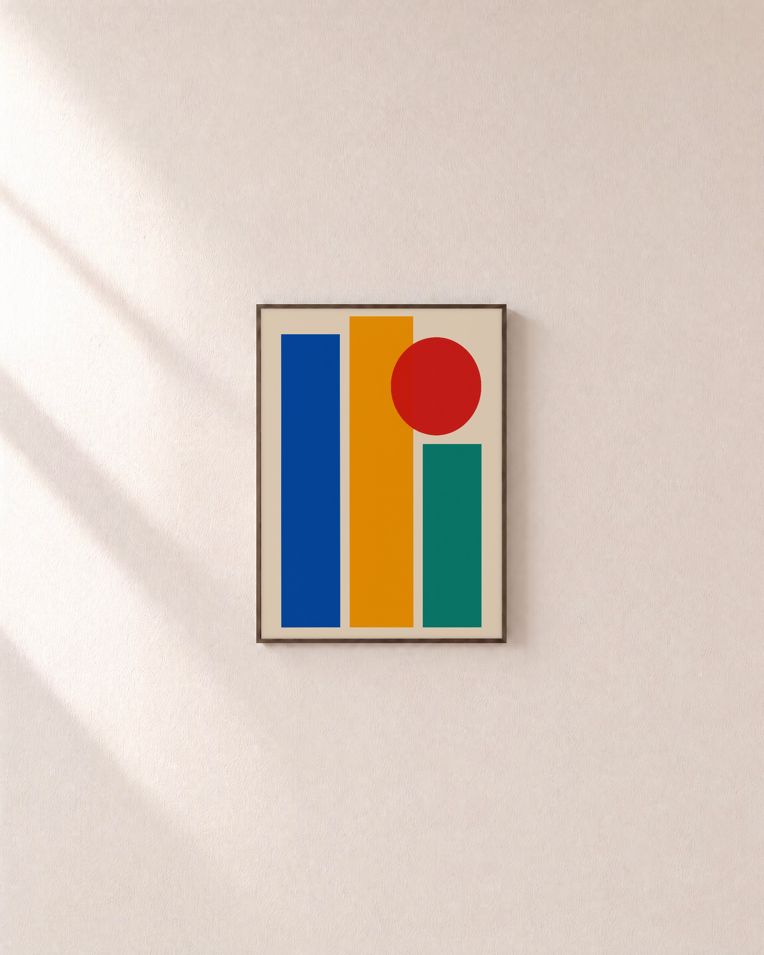 Three Color Slabs One Circle unframed print is shown framed for styling in a plain wall; frame not included