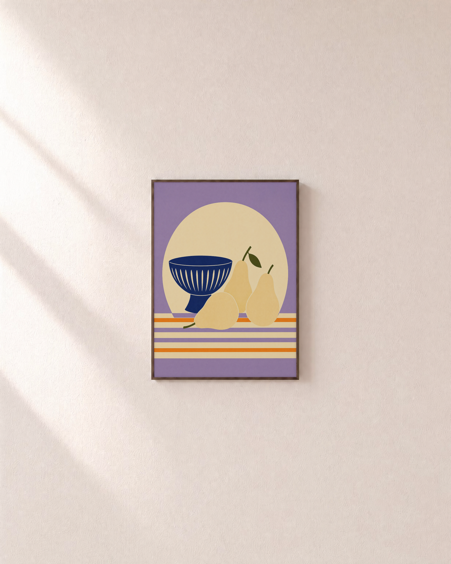 Navy Bowl Daisy Stem Remap unframed print is shown framed for styling in a plain wall; frame not included