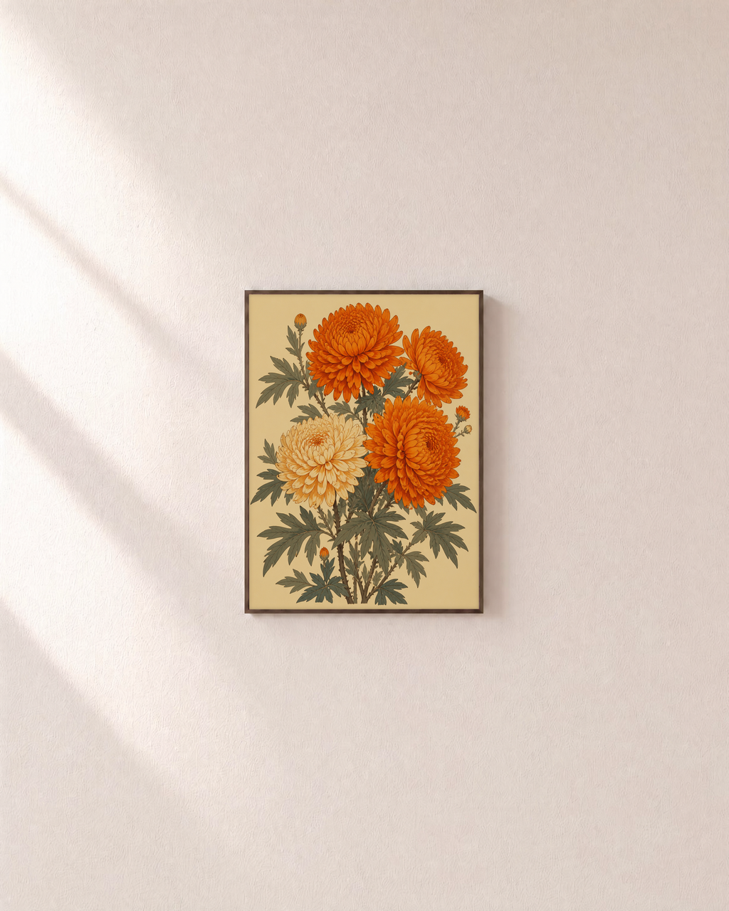 Chrysanthemum Hour chrysanthemum wall art: unframed print is shown framed for styling on a plain wall; frame not included