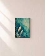 Two Koi Teal Wash unframed print is shown framed for styling in a plain wall; frame not included