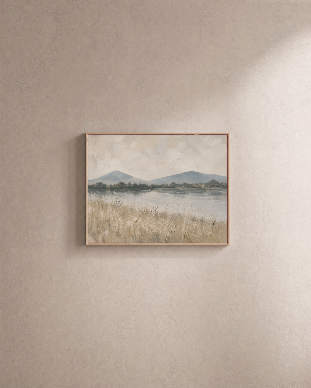 Still Morning landscape prints: unframed print is shown framed for styling on a plain wall; frame not included