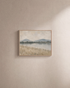 Still Morning landscape prints: unframed print is shown framed for styling on a plain wall; frame not included