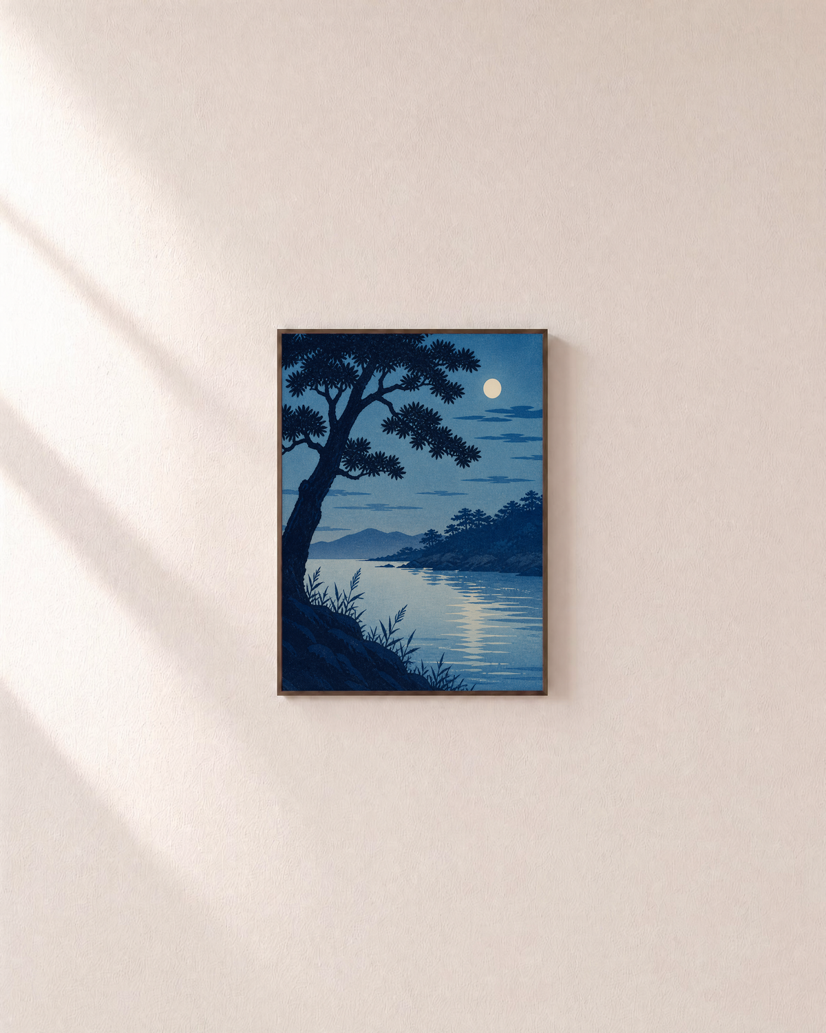 Night Pine moon wall art: unframed print is shown framed for styling on a plain wall; frame not included
