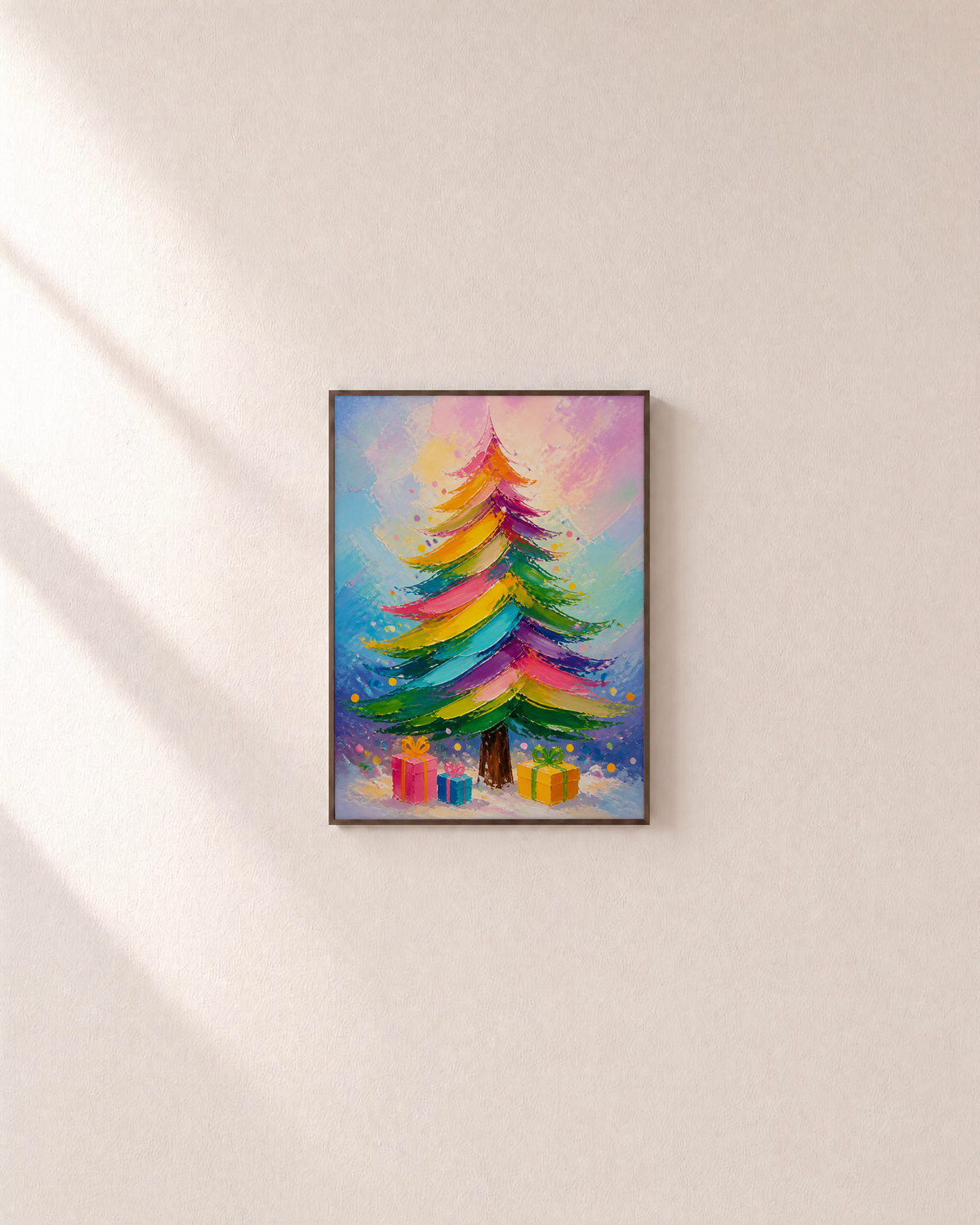 Rainbow Party rainbow tree print: unframed print is shown framed for styling on a plain wall; frame not included