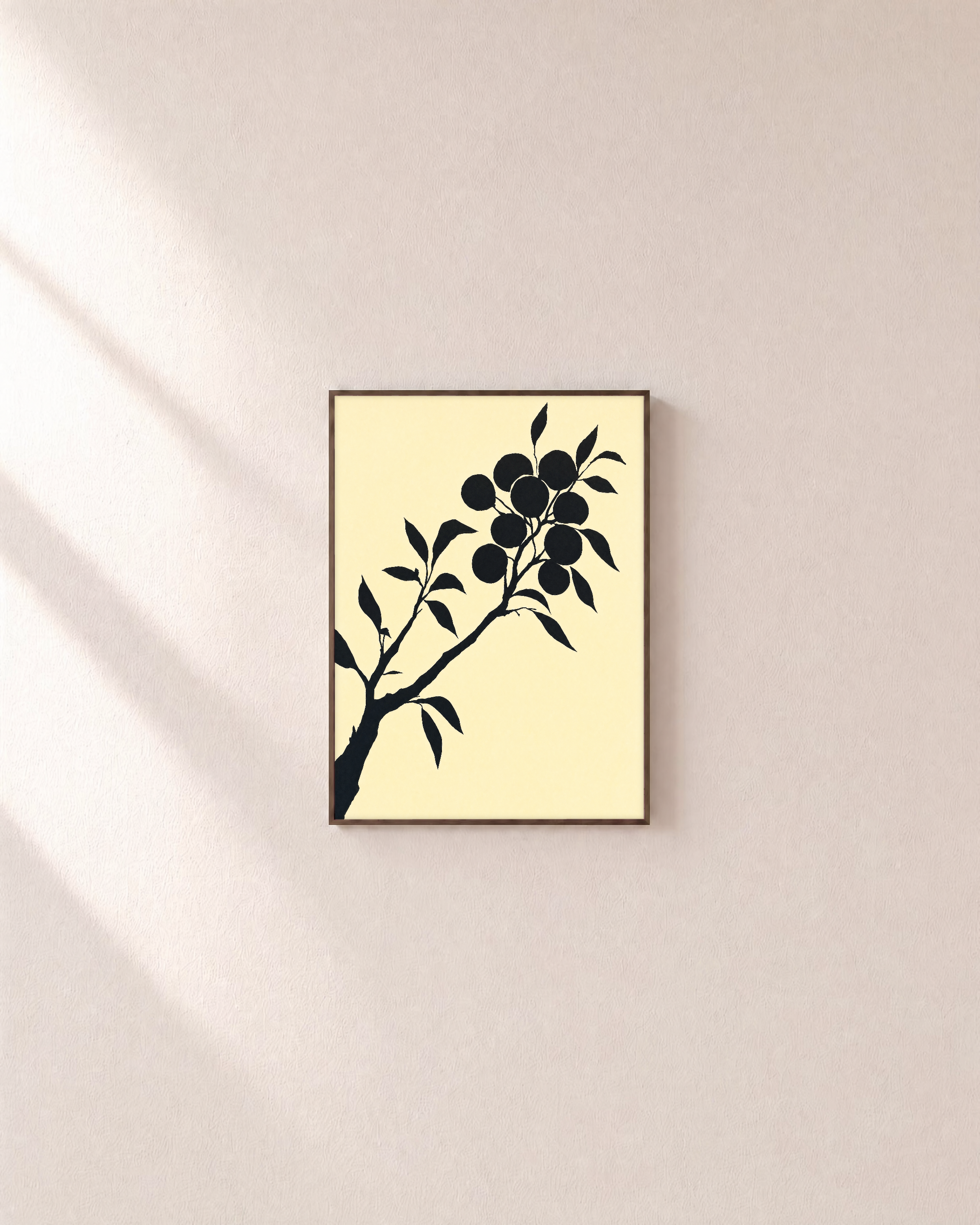 Ink Branch Fruit unframed print is shown framed for styling in a plain wall; frame not included