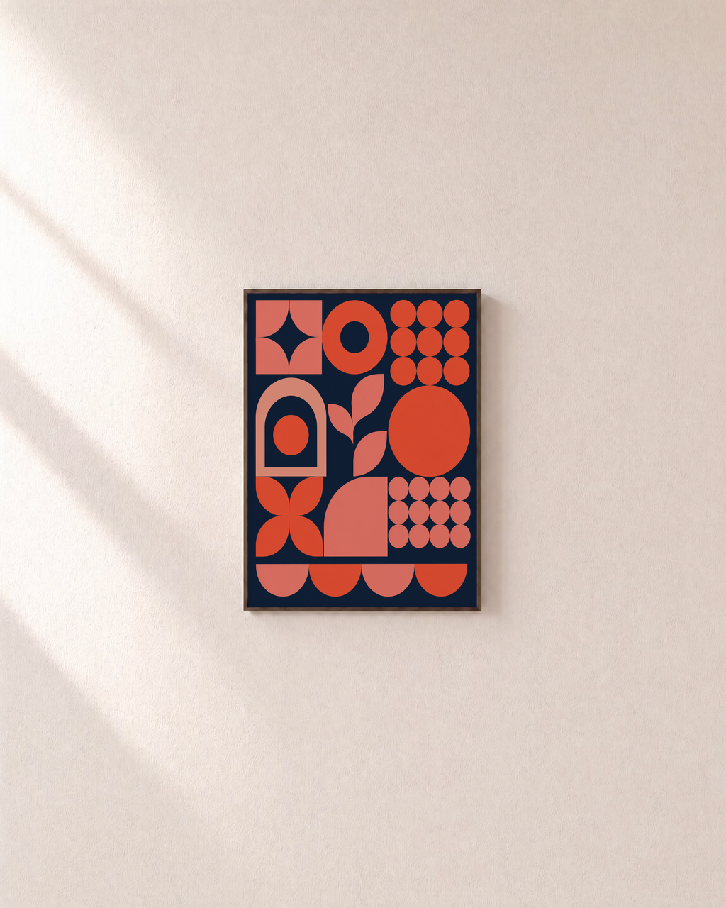 Coral Signal navy and orange wall art: unframed print is shown framed for styling on a plain wall; frame not included