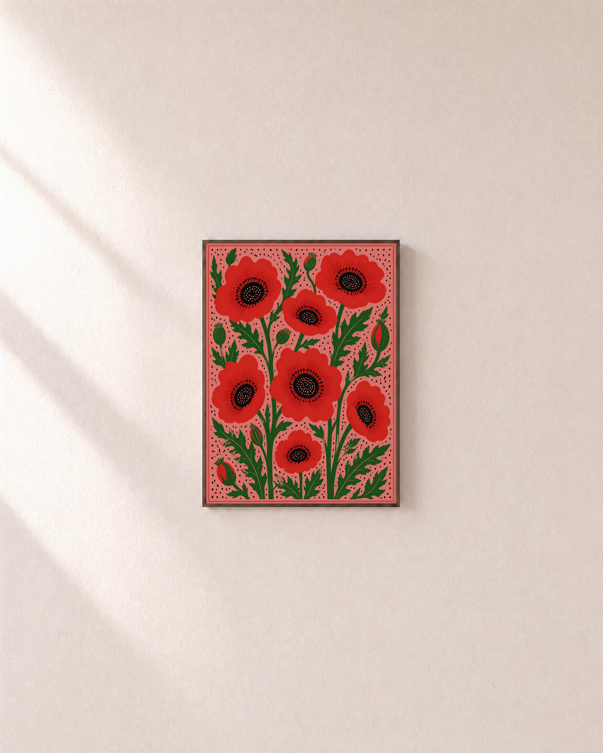 Poppy Crowd red poppy artwork print: unframed print is shown framed for styling on a plain wall; frame not included
