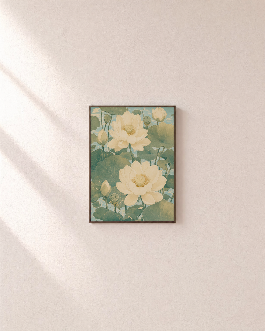 Pond Pair lotus pond wall art: unframed print is shown framed for styling on a plain wall; frame not included