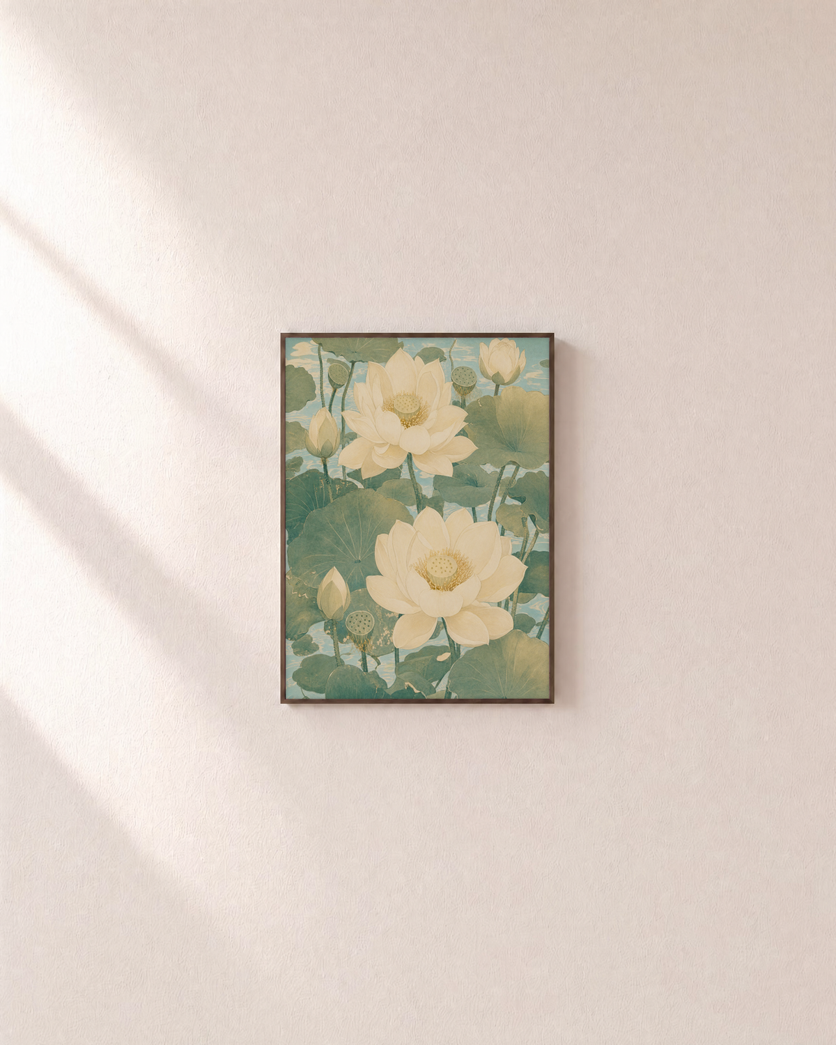 Pond Pair lotus pond wall art: unframed print is shown framed for styling on a plain wall; frame not included