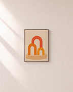 Three Warm Arches One Pedestal unframed print is shown framed for styling in a plain wall; frame not included