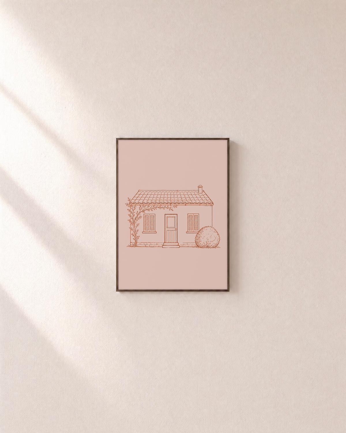 Rust Line Cottage line drawing wall art: unframed print is shown framed for styling on a plain wall; frame not included