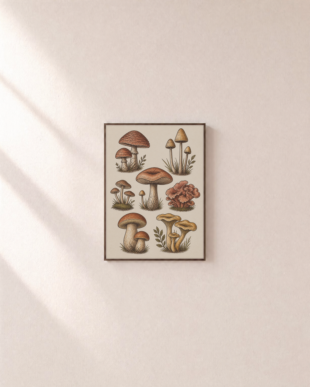 Mushroom Study botanical mushroom prints: unframed print is shown framed for styling on a plain wall; frame not included