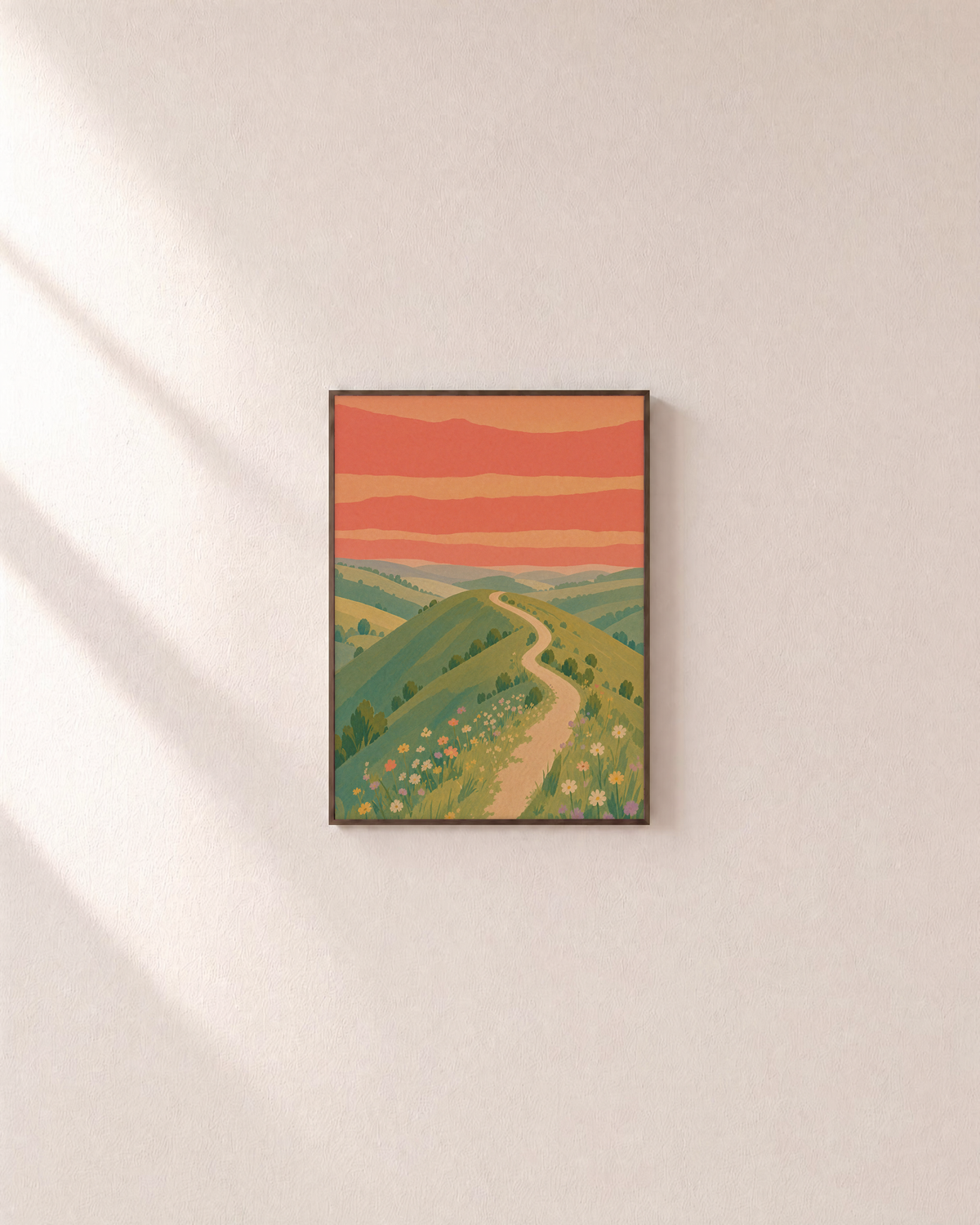 Ridge Walk coral meadow path wall art: unframed print is shown framed for styling on a plain wall; frame not included
