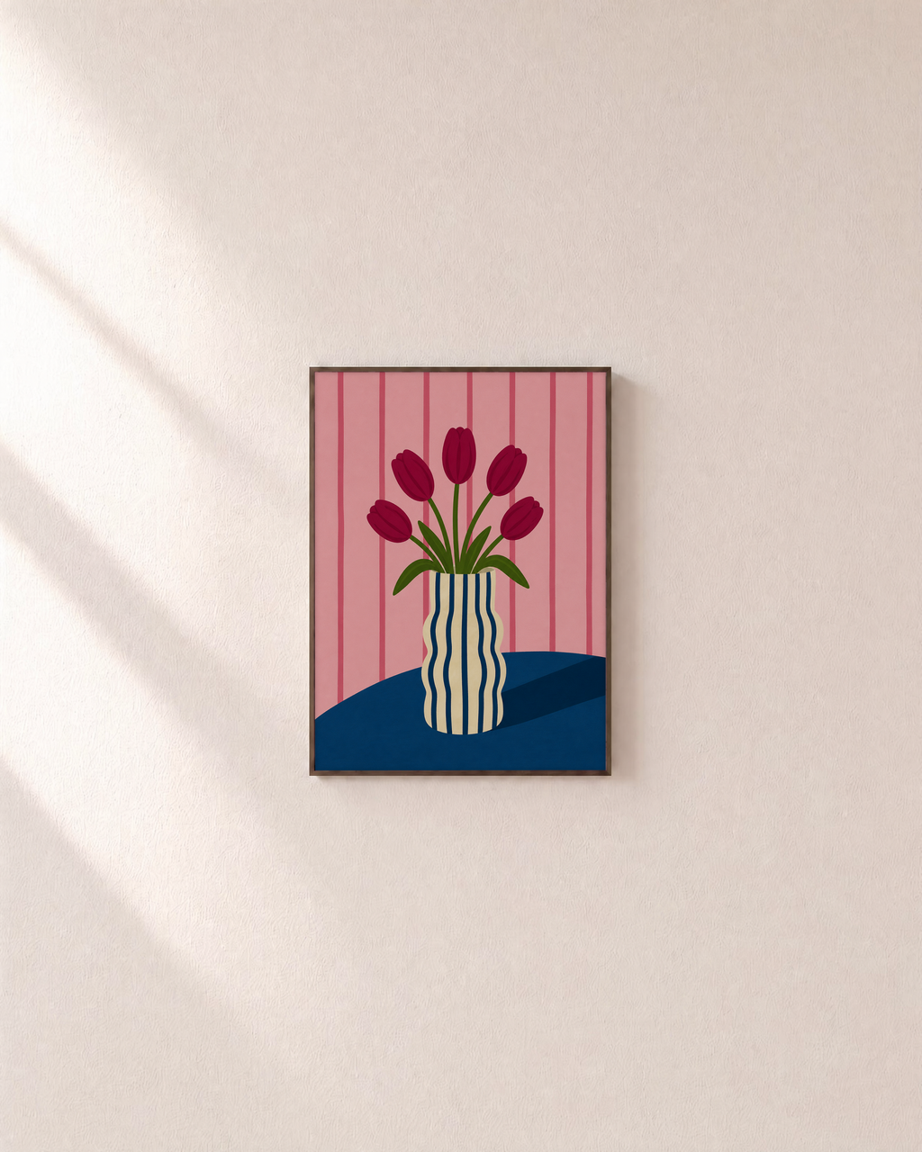 Morning Tulips five tulip wall art: unframed print is shown framed for styling on a plain wall; frame not included