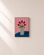 Morning Tulips five tulip wall art: unframed print is shown framed for styling on a plain wall; frame not included