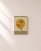 Morning Cosmos ochre cosmos wall art: unframed print is shown framed for styling on a plain wall; frame not included