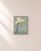 Ivory Pitcher Blooms Studio edition unframed print is shown framed for styling in a plain wall; Frame not included