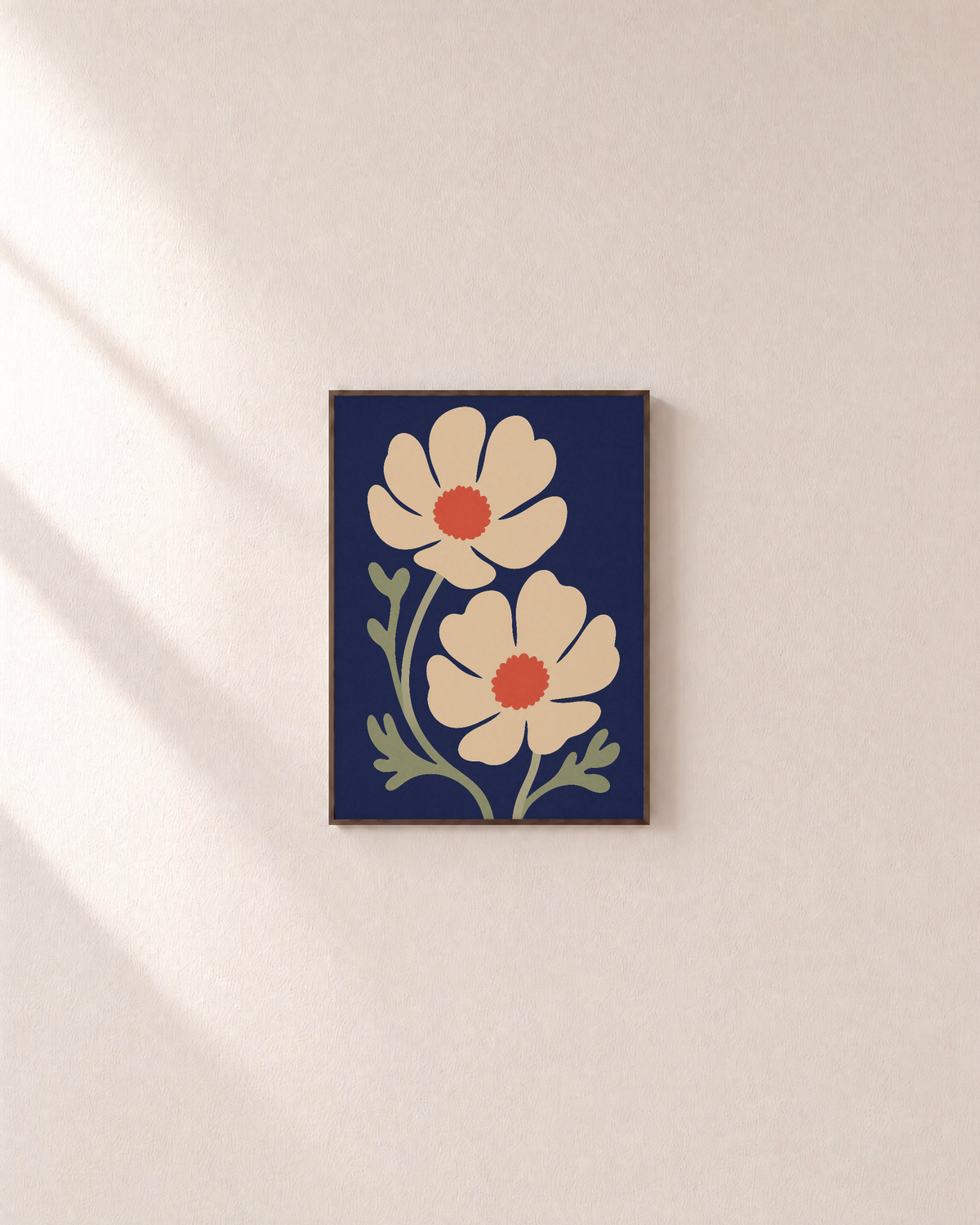 Second Anemone cream anemone wall art: unframed print is shown framed for styling on a plain wall; frame not included