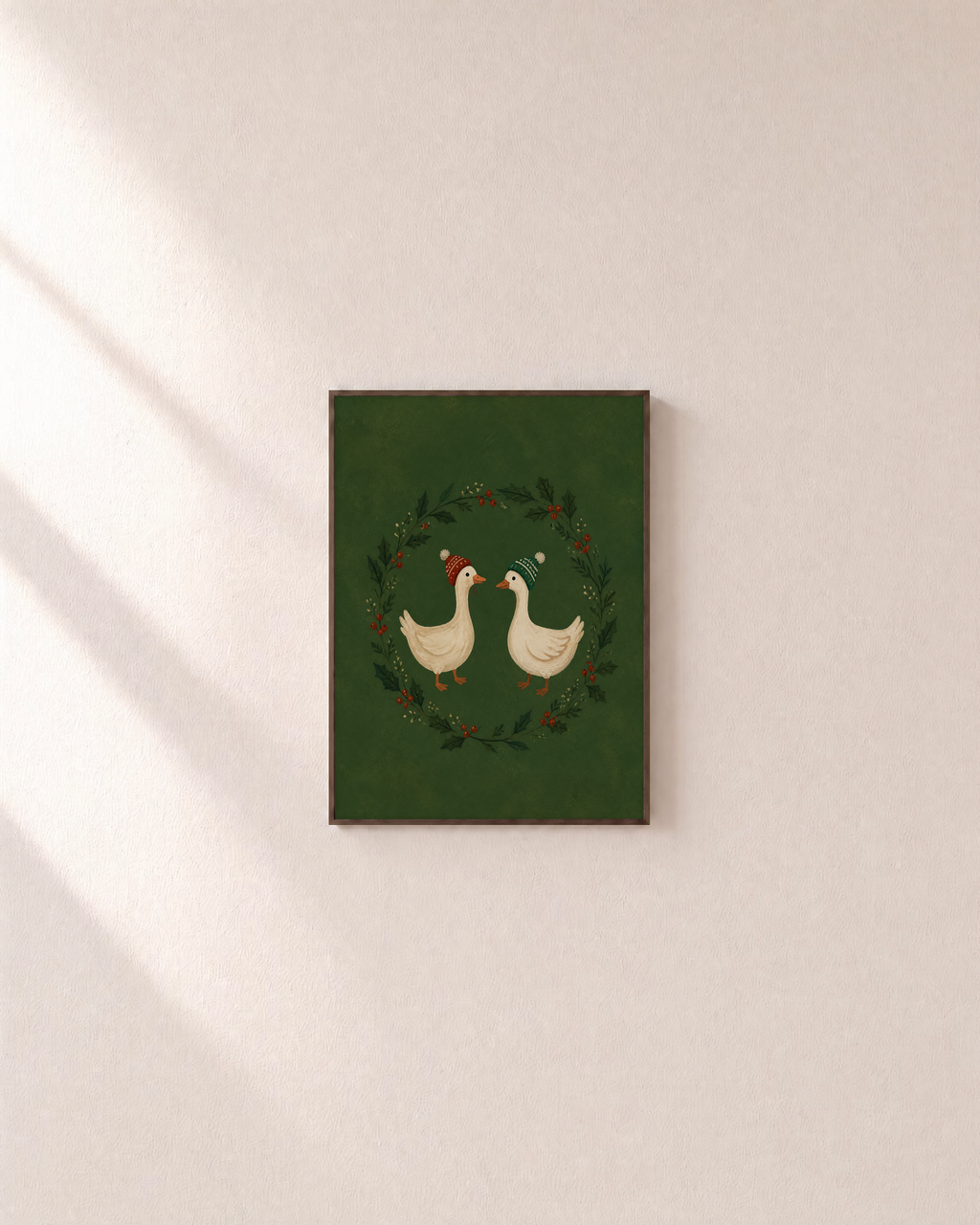 Holiday Geese holly geese print: unframed print is shown framed for styling on a plain wall; frame not included