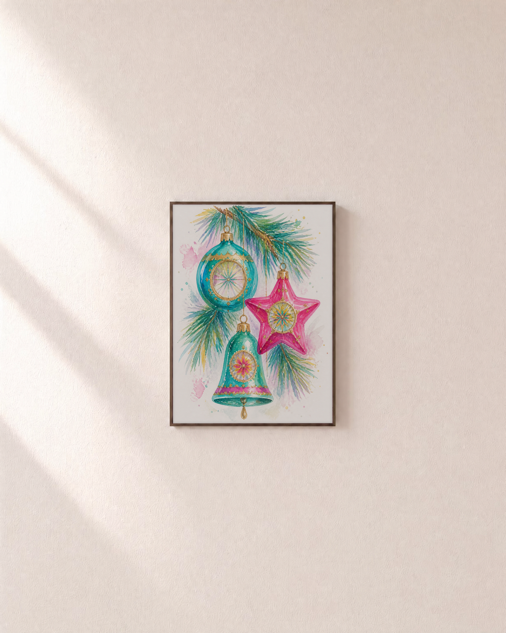 Holiday Trio vintage ornament print: unframed print is shown framed for styling on a plain wall; frame not included