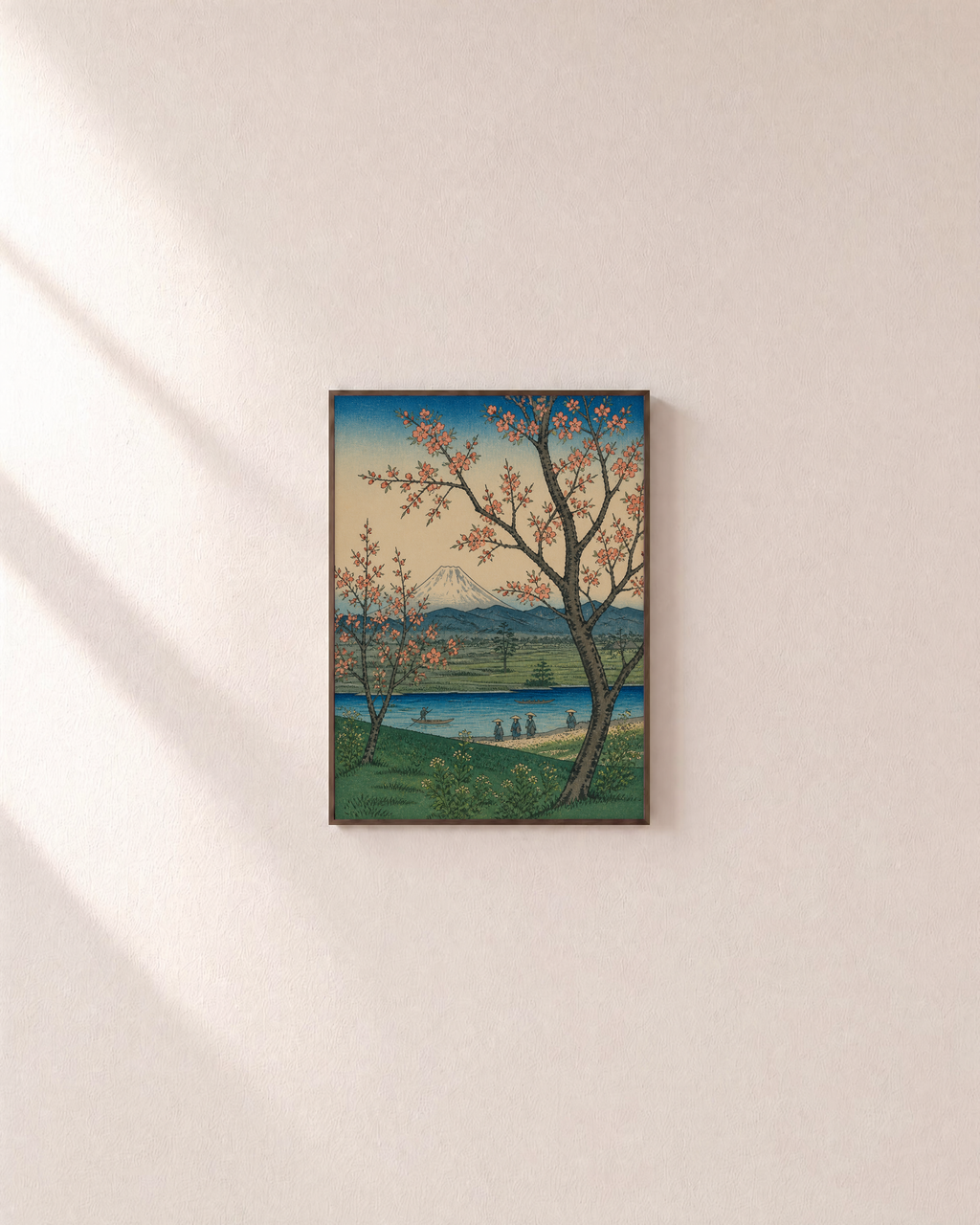 Pale Peak cherry blossom wall art: unframed print is shown framed for styling on a plain wall; frame not included