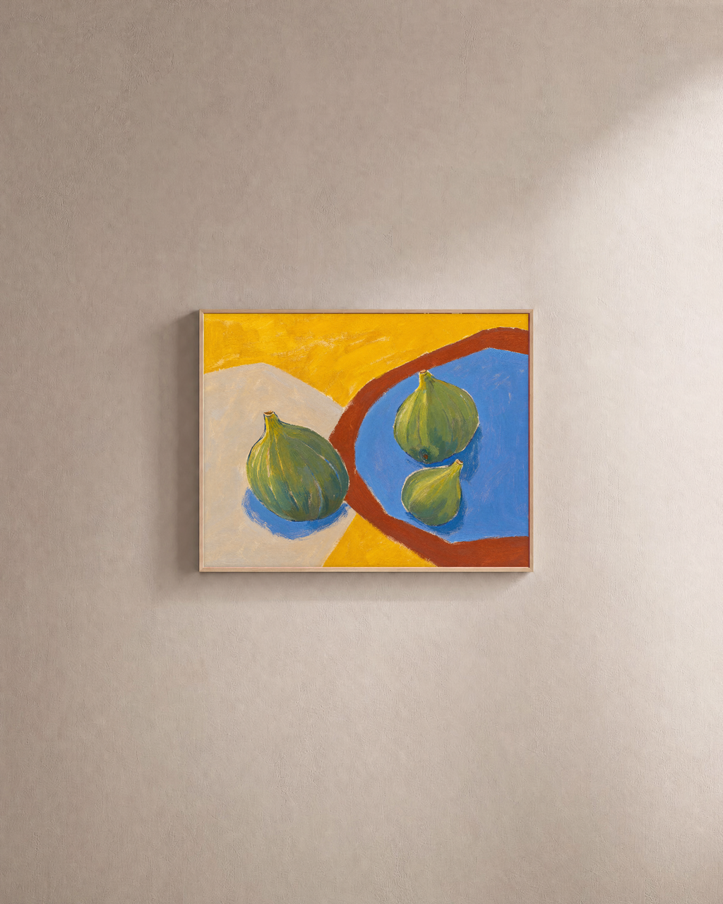 Three Figs Press edition unframed print is shown framed for styling in a plain wall; Frame not included