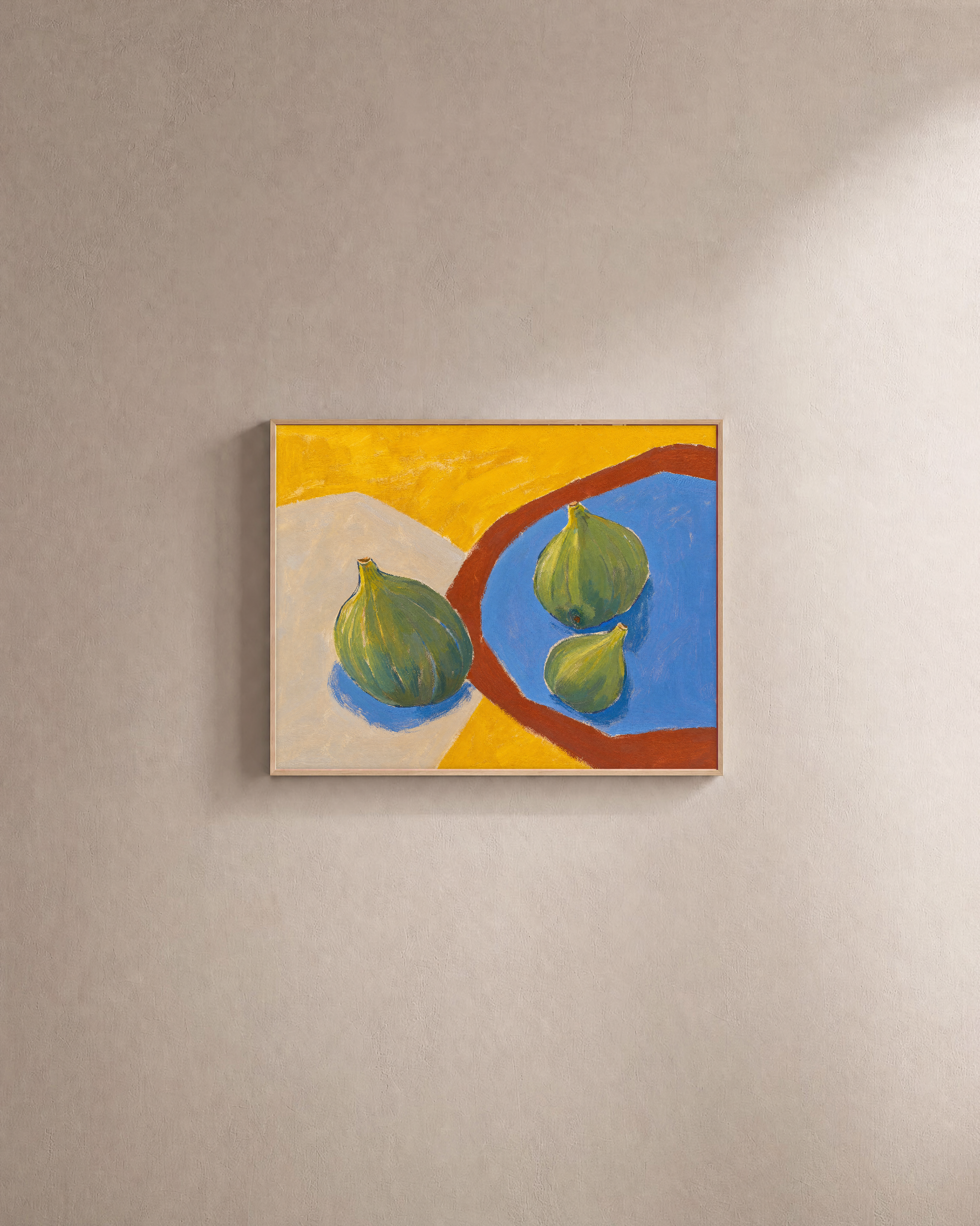 Three Figs Press edition unframed print is shown framed for styling in a plain wall; Frame not included