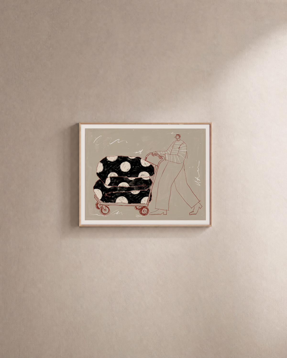 Walker with Patterned Cart fashion illustration wall art: unframed print is shown framed for styling on a plain wall; frame not included