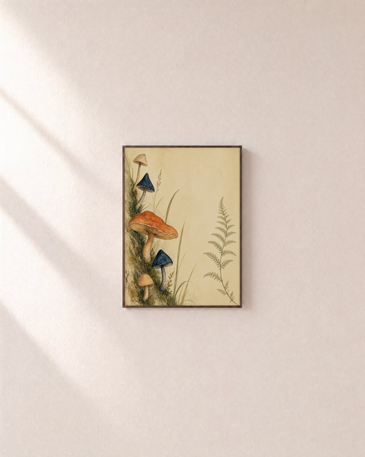 Four Fungi Walk unframed print is shown framed for styling in a plain wall; frame not included