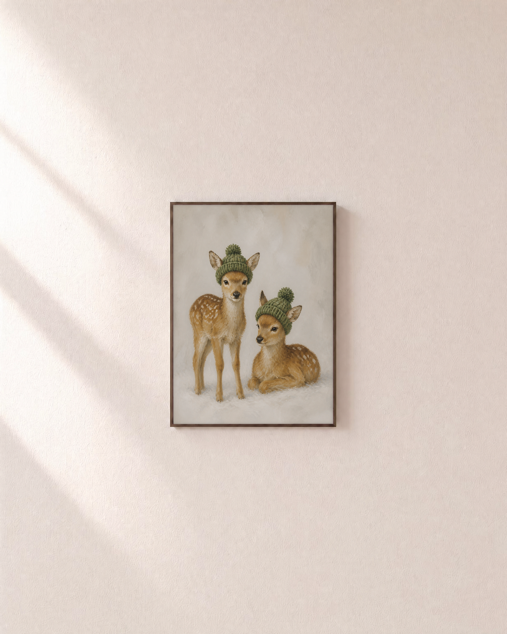 Hat Day Fawns hatted fawn print: unframed print is shown framed for styling on a plain wall; frame not included