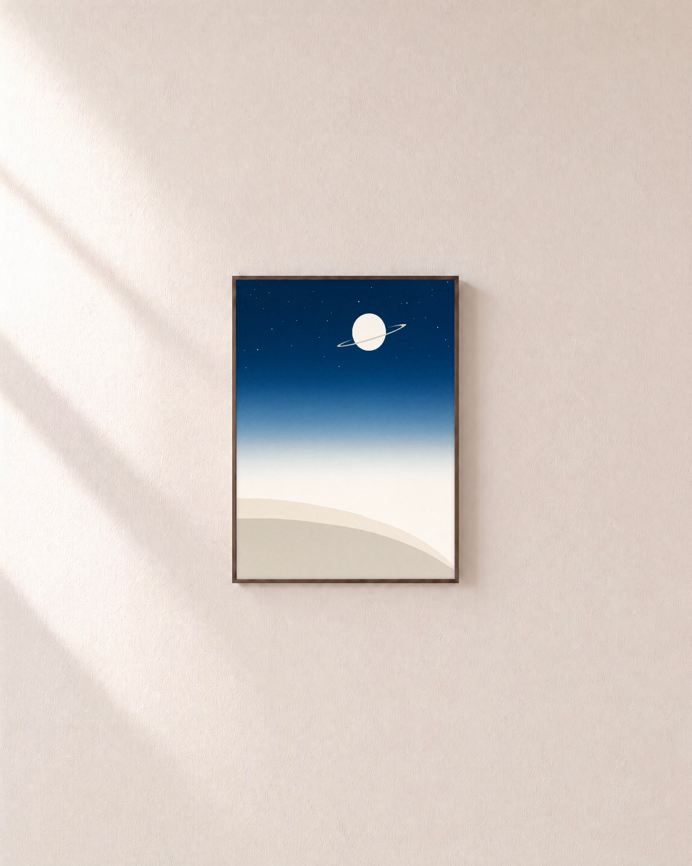 Night Horizon unframed print is shown framed for styling in a plain wall; frame not included