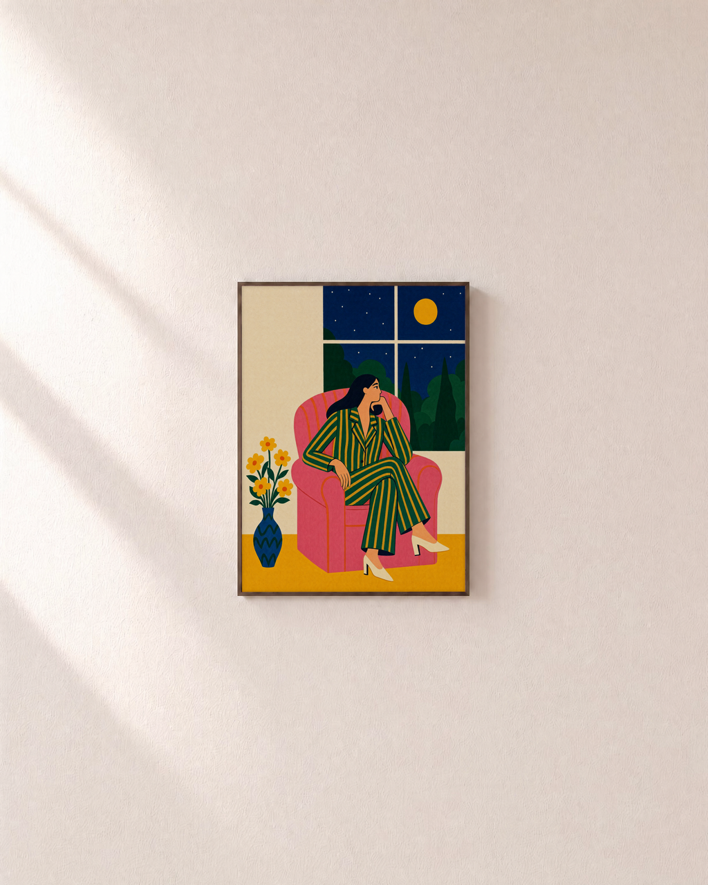Night Chair striped chair figure print: unframed print is shown framed for styling on a plain wall; frame not included