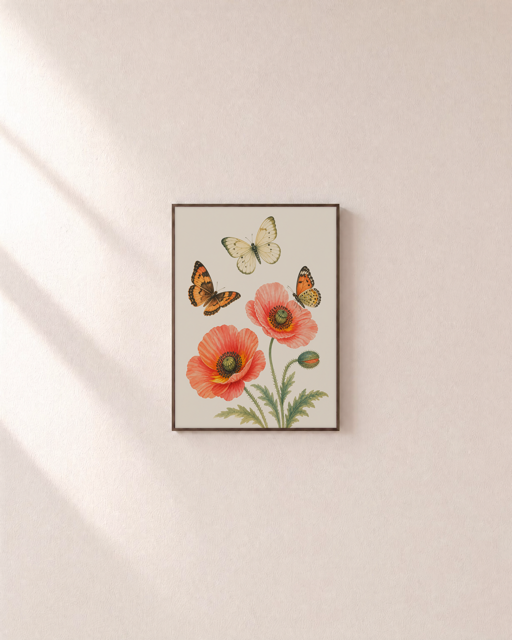 Poppy Visitors poppy butterfly print: unframed print is shown framed for styling on a plain wall; frame not included