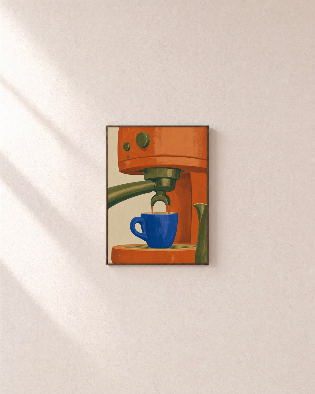 First Pull orange espresso wall art: unframed print is shown framed for styling on a plain wall; frame not included