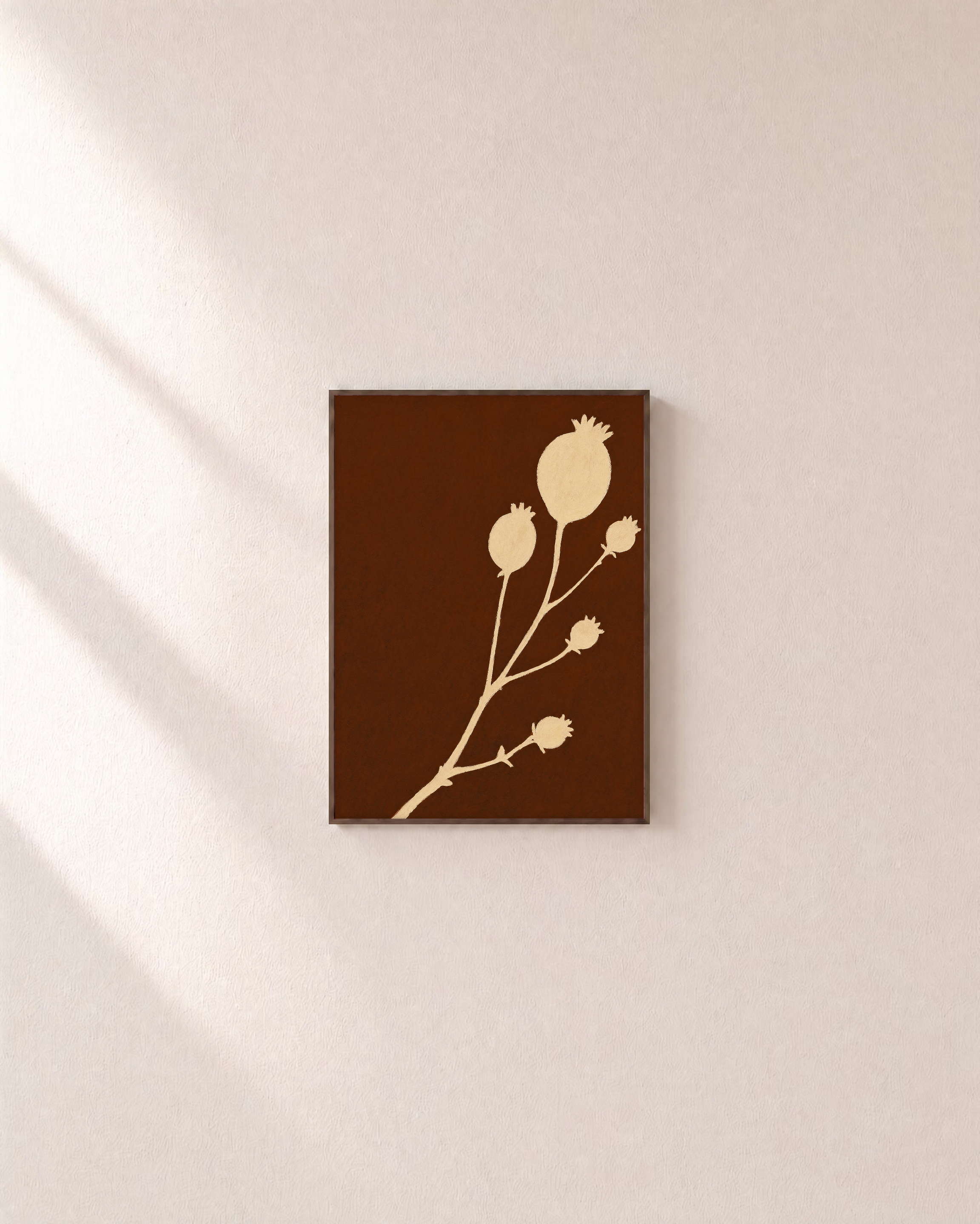 Cream Bloom Brown unframed print is shown framed for styling in a plain wall; frame not included