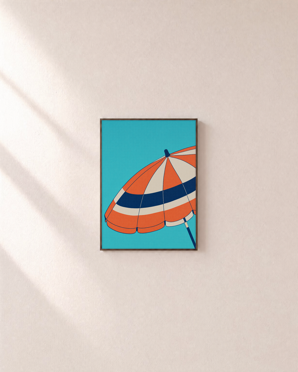 Noon Parasol beach wall art: unframed print is shown framed for styling on a plain wall; frame not included