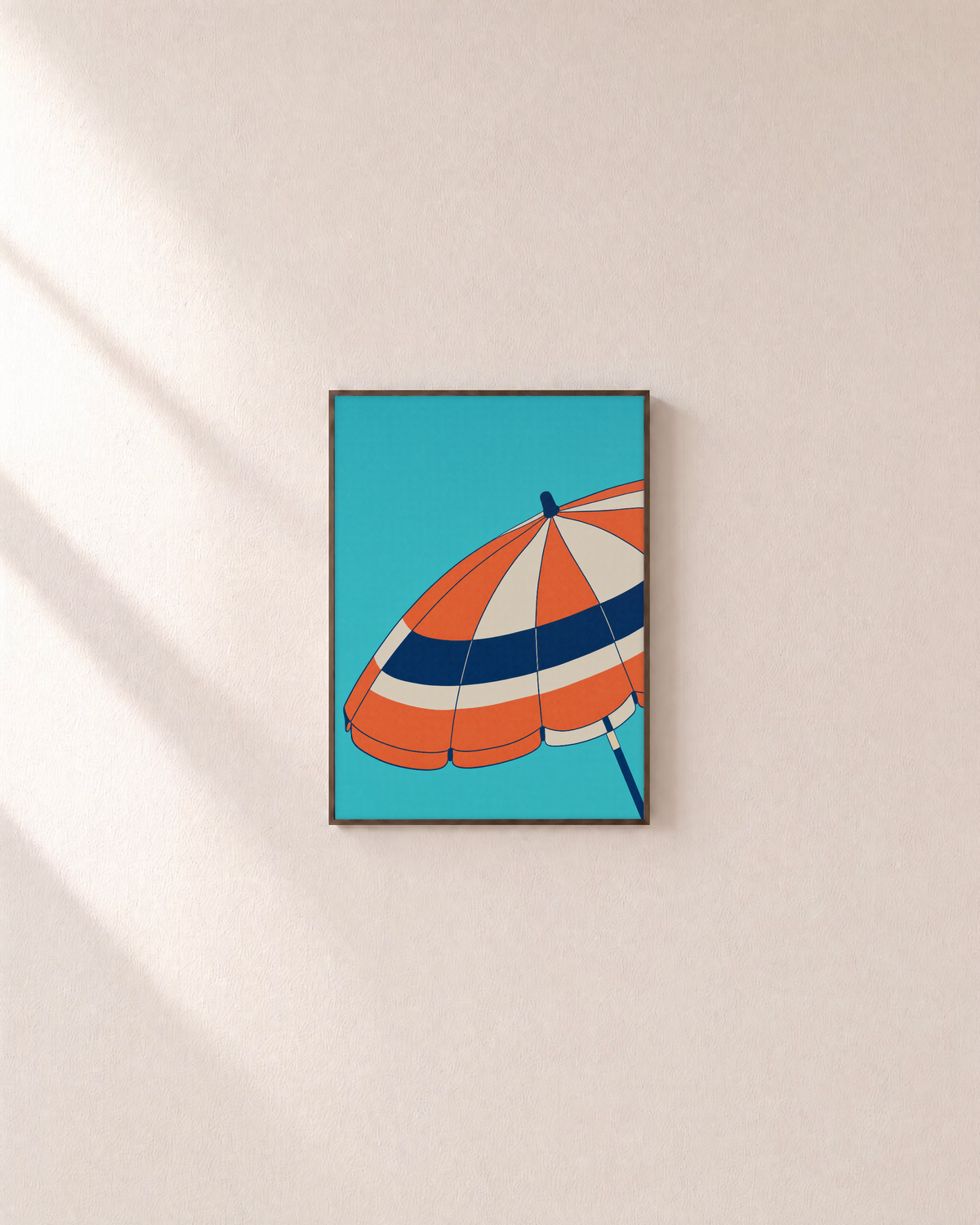 Noon Parasol beach wall art: unframed print is shown framed for styling on a plain wall; frame not included