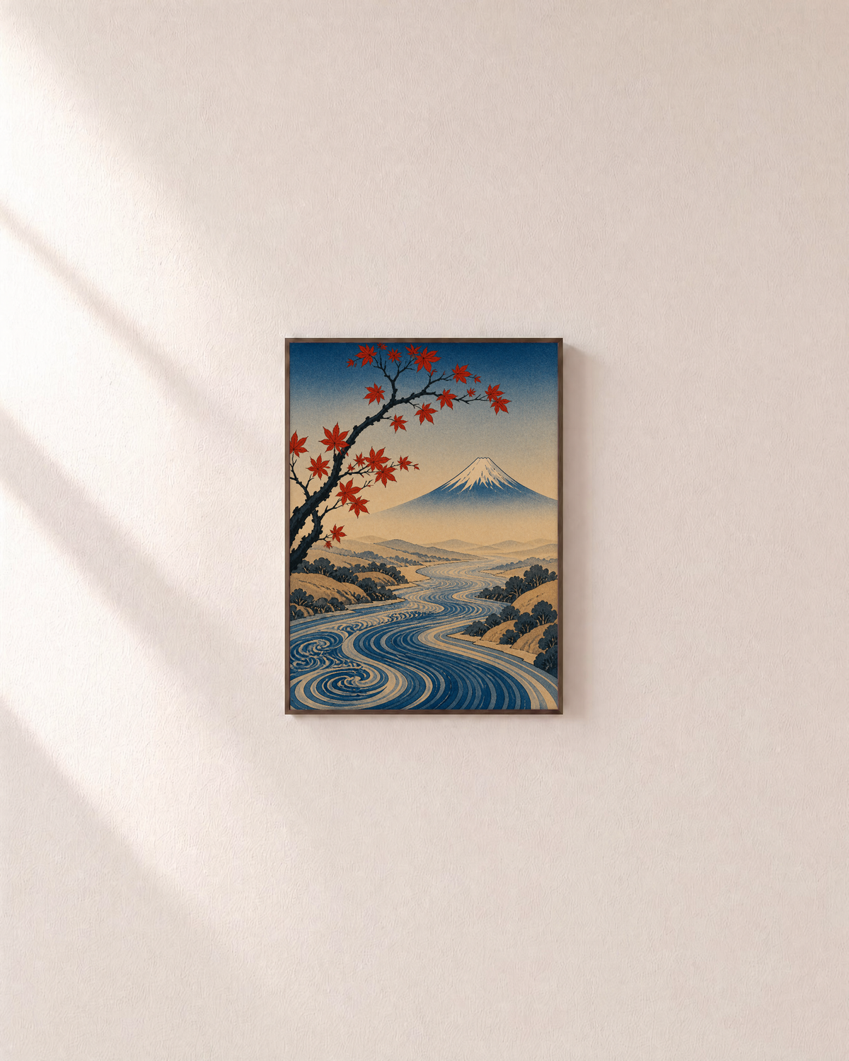 Mountain Hour swirled river print: unframed print is shown framed for styling on a plain wall; frame not included