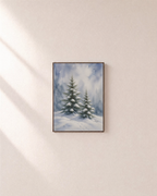 Spruce Tracks snow spruce print: unframed print is shown framed for styling on a plain wall; frame not included