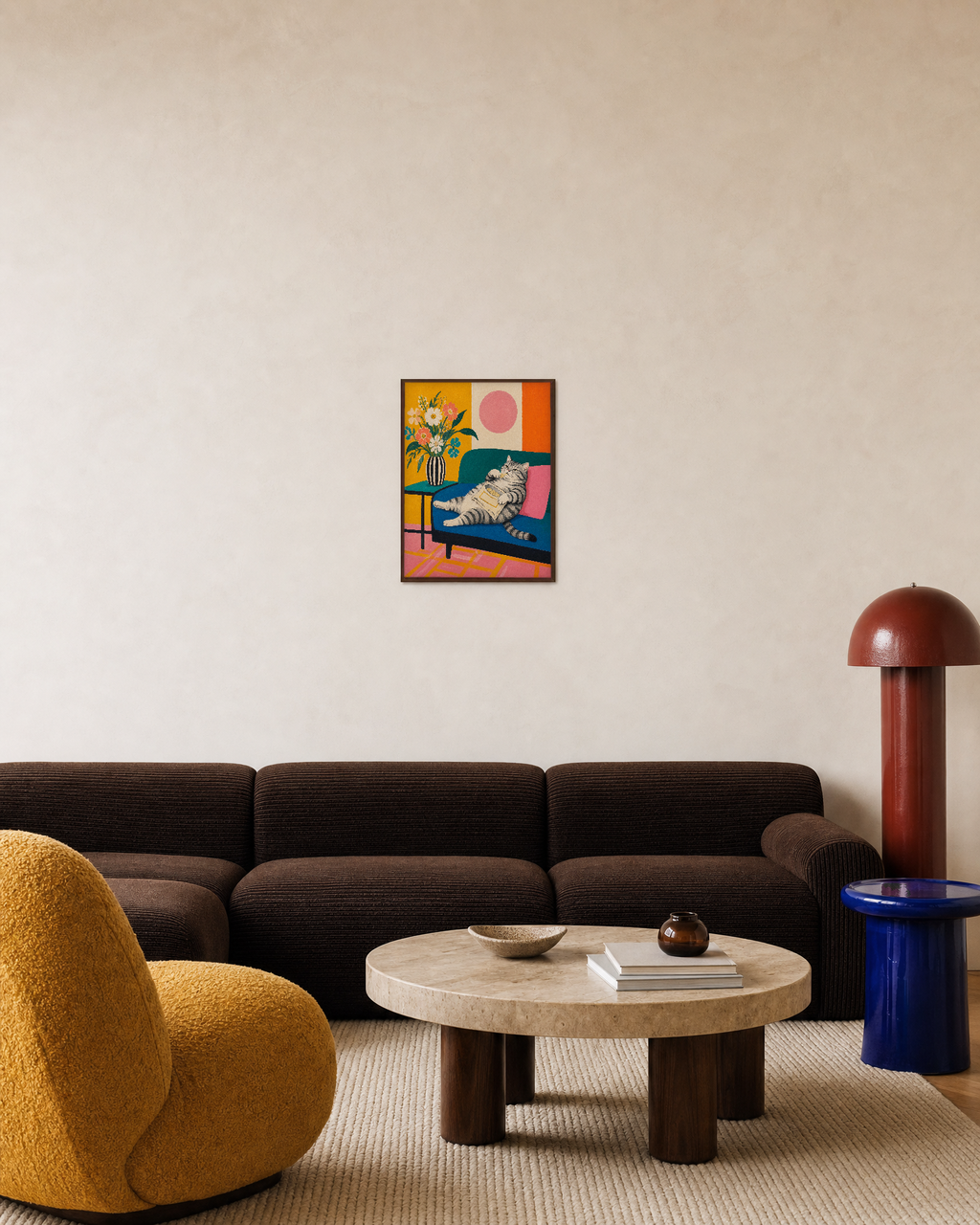 Snack Cat cat wall poster print: unframed print is shown framed for styling in a living room; frame not included