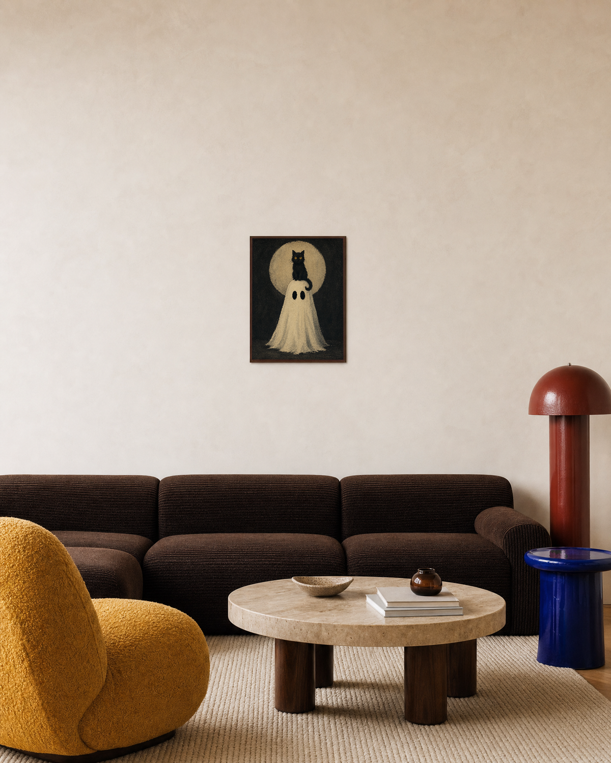 Moon Perch Cat perched ghost cat wall art: unframed print is shown framed for styling in a living room; frame not included