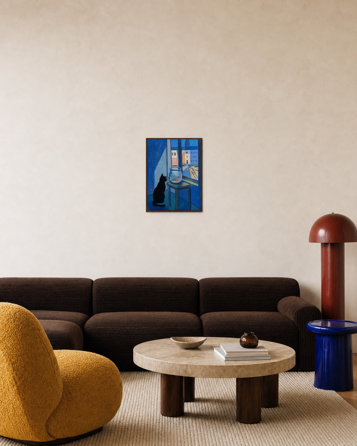 Patient Cat black cat poster art print: unframed print is shown framed for styling in a living room; frame not included