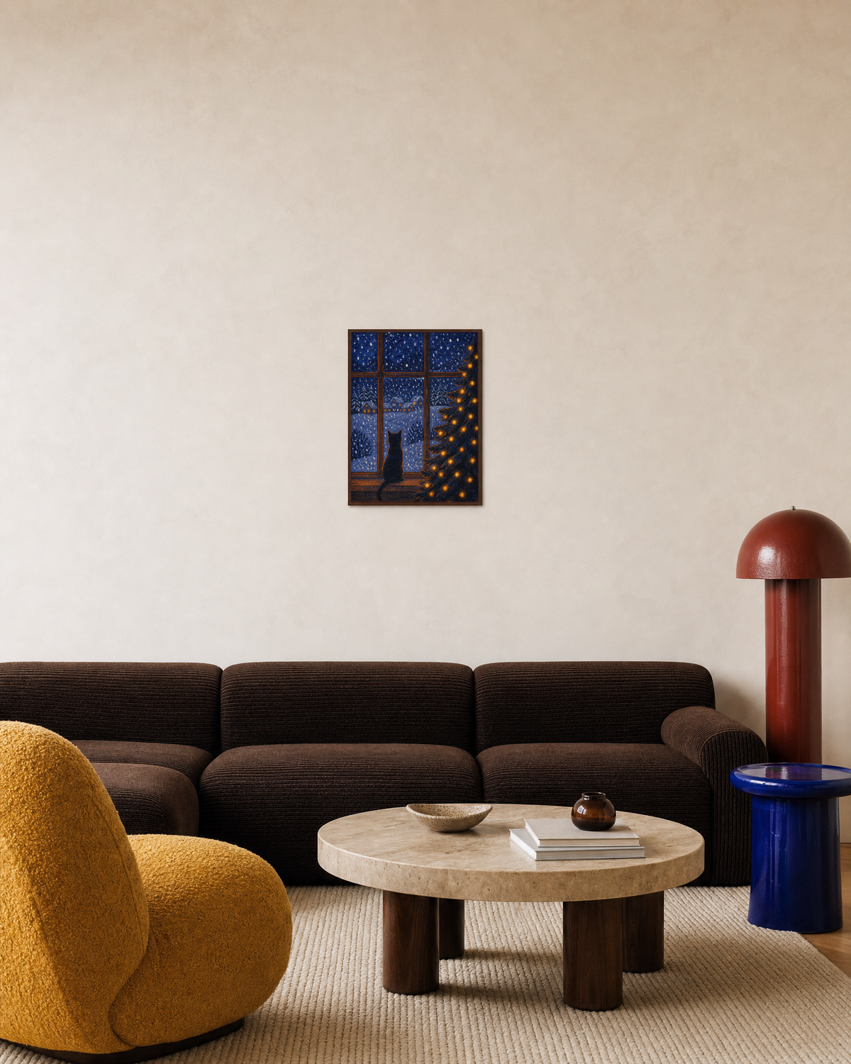 Snowlight Cat cat posters print: unframed print is shown framed for styling in a living room; frame not included
