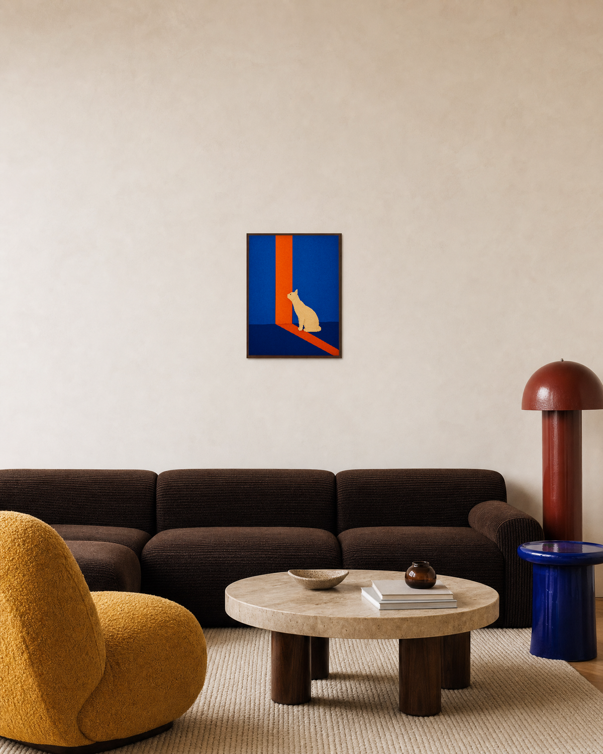 Morning Cat cream cat orange stripe wall art: unframed print is shown framed for styling in a living room; frame not included