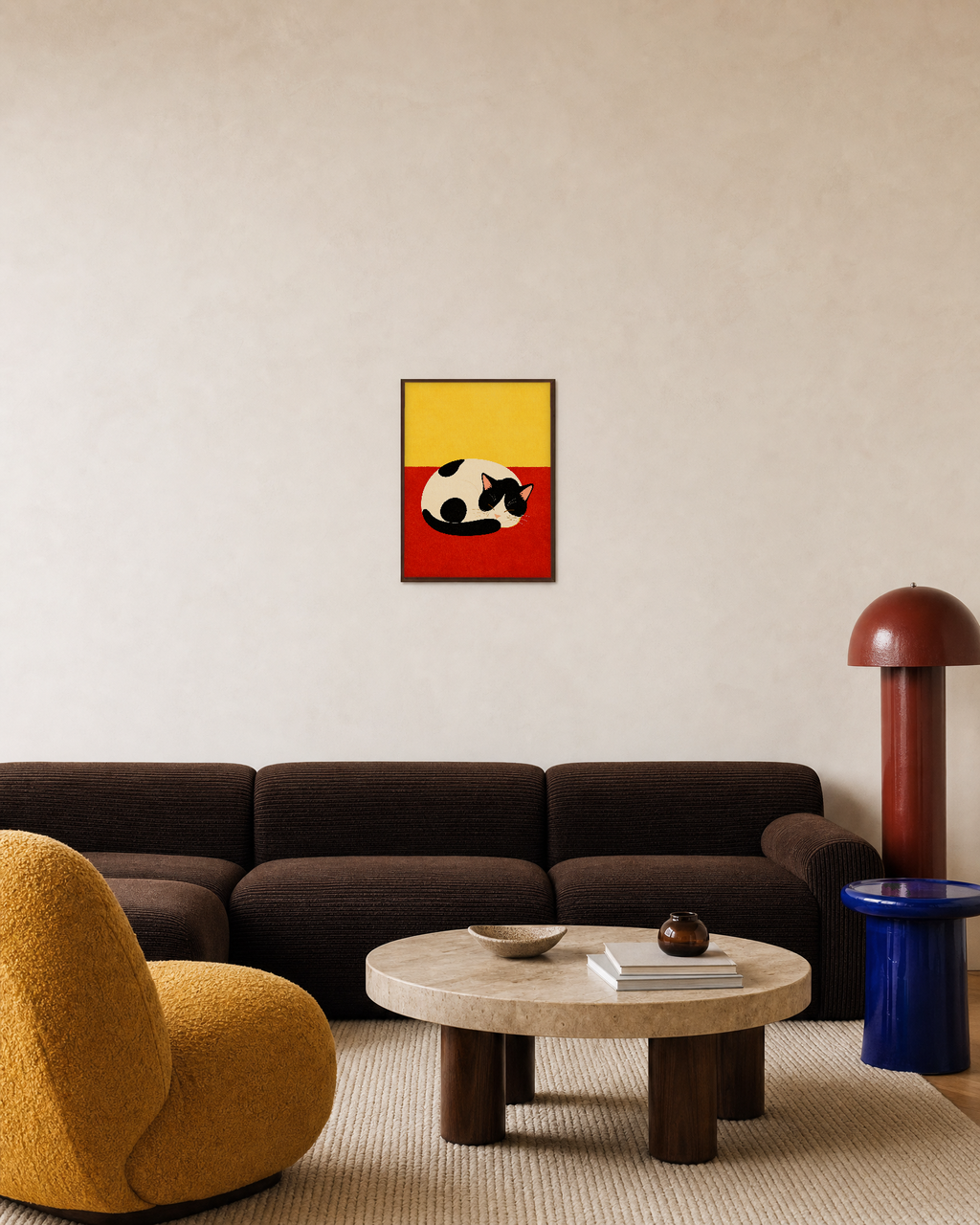 Nap Cat cat poster art print: unframed print is shown framed for styling in a living room; frame not included