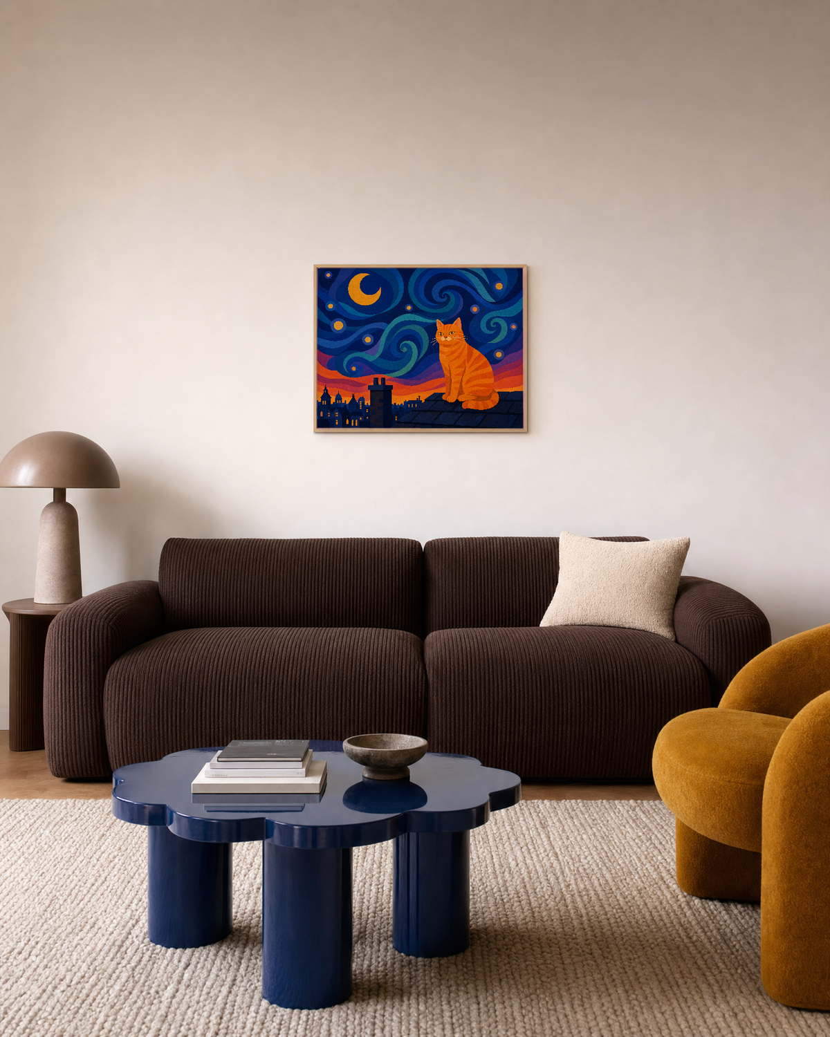 Orange Cat Night Swirl unframed print is shown framed for styling in a living room; frame not included