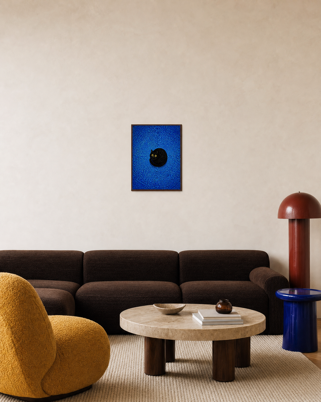 Spiral Cat curled black cat print: unframed print is shown framed for styling in a living room; frame not included