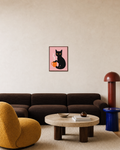 Coffee Cat cat art prints: unframed print is shown framed for styling in a living room; frame not included