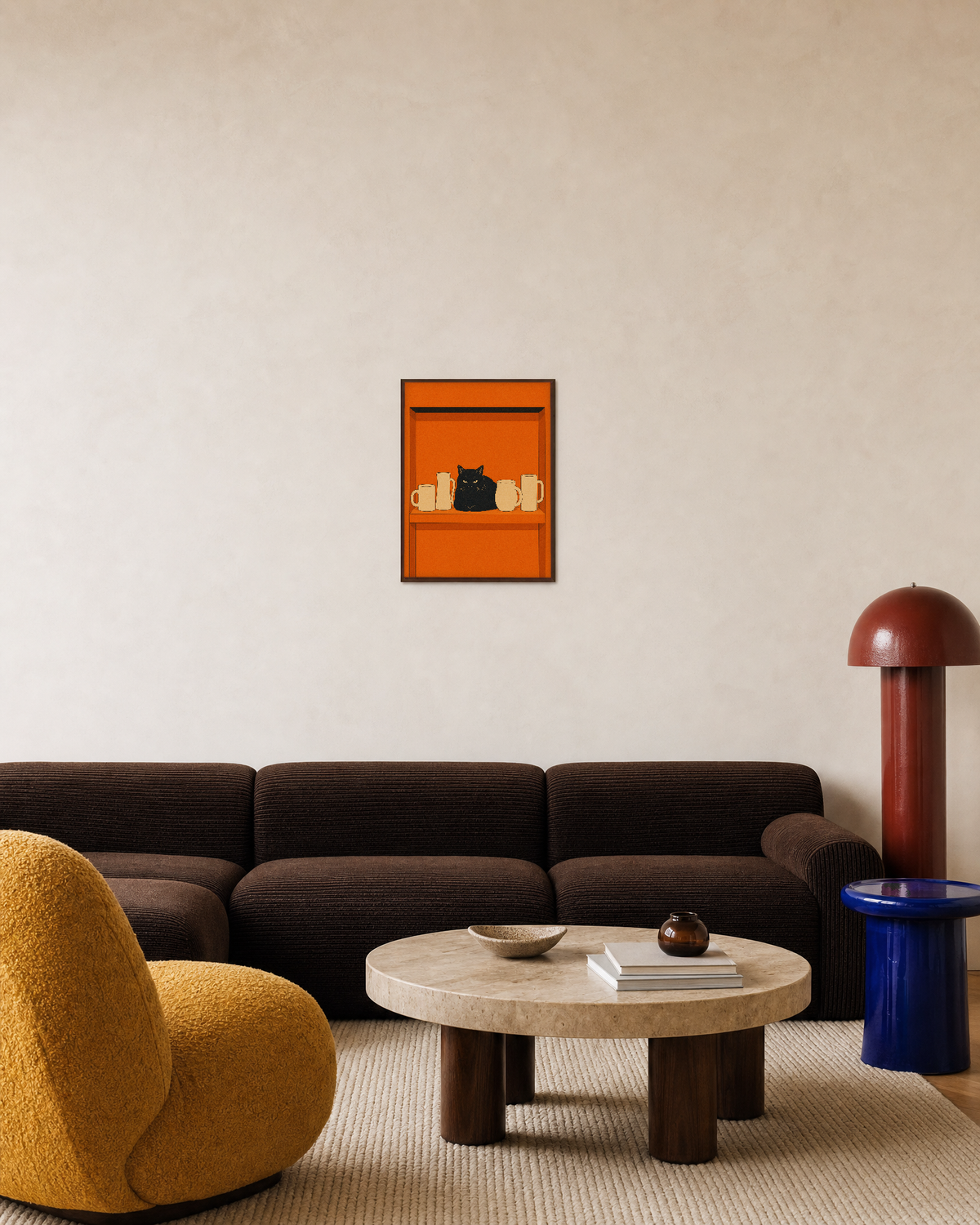 One Loaf Cat Four Mugs unframed print is shown framed for styling in a living room; frame not included